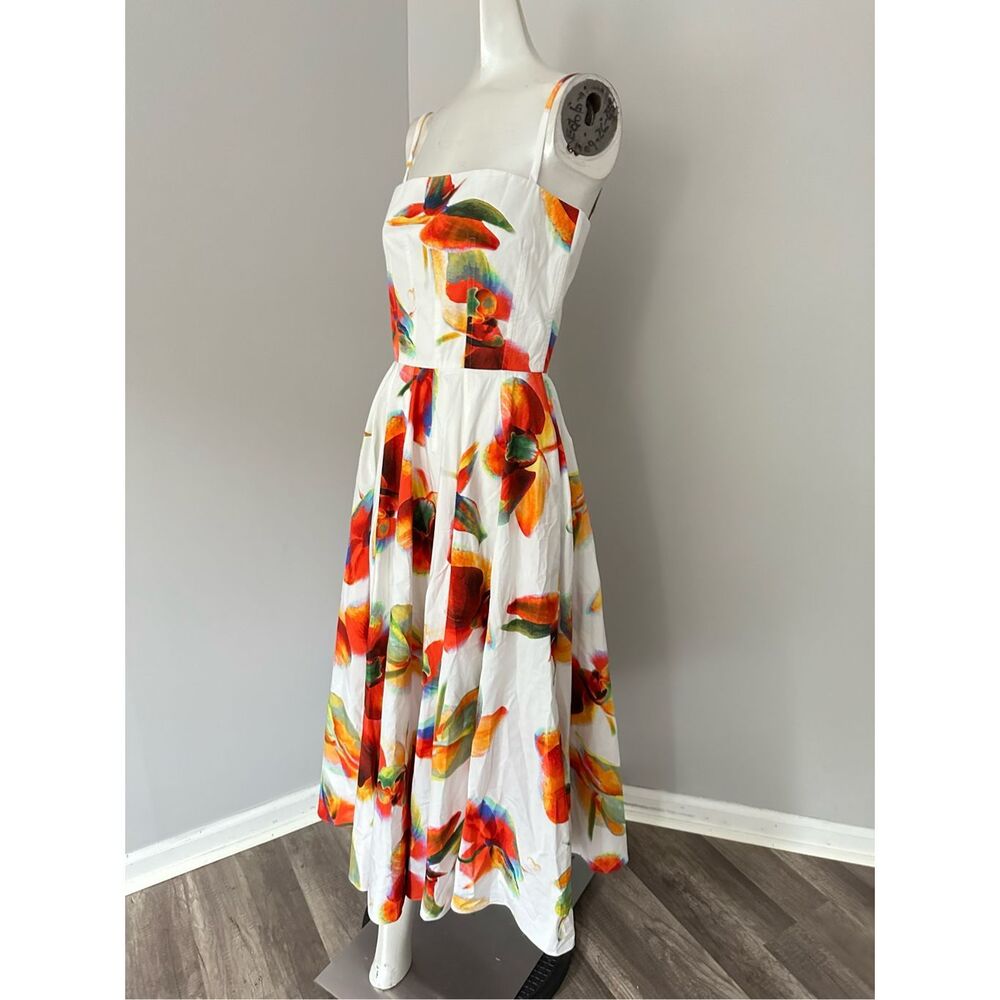 NWT Alexander McQueen Orchid Print A-Line Midi Dress Tropical White Red Size 2 $ - Picture 10 of 12